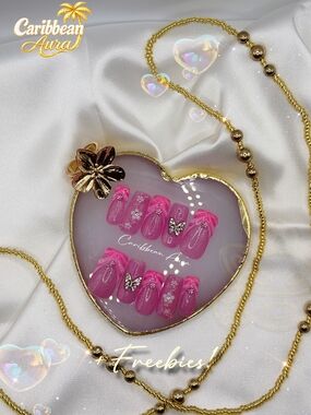 Pink Glitter French Tip Press On Nails | Butterfly Flowers | Handmade | Reusable